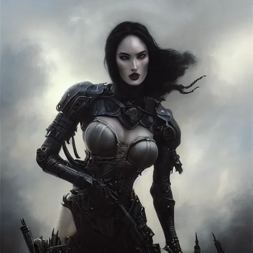 Prompt: By Tom Bagshaw and Boris Vallejo, ultra realist soft painting of a warzone by night, centered Gothic fully armored Megan Fox standing, horror, omnious sky, symmetry accurate features, very intricate details, black and white, volumetric light clouds