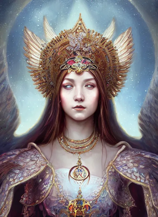 Image similar to A beautiful digital painting of a female Seraphim full of jewels, princess, the moon behind her, intricate, cinematic lighting, highly detailed, digital painting, Artstation, concept art, smooth, sharp focus, illustration, art by Tom Bagshaw, Artgerm and Greg Rutkowski