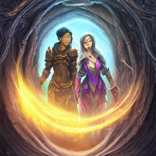 Image similar to a young couple, a human Asian male rogue and an Asian lightning goddess! hugging each other in front of the magical portal of eternity!, D&D, fantasy, intricate, elegant, highly detailed, portrait, medium shot, waist up, digital painting, artstation, concept art, matte, sharp focus, illustration, hearthstone, art by Artgerm and Greg Rutkowski and Alphonse Mucha