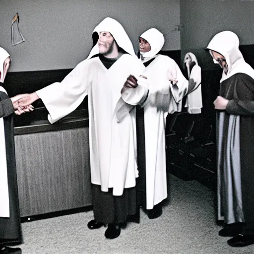 Prompt: alien in clerical robes dousing parishioners with holy water, top secret style, realistic photo, 1 9 7 0 s, color