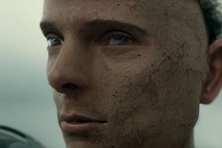 Prompt: VFX movie of a futuristic robot mercenary closeup portrait in war zone, natural lighting by Emmanuel Lubezki