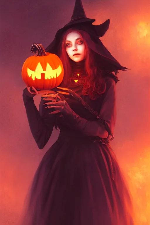 Image similar to portrait of a ghoulish victorian witch holding a jack - o - lantern, halloween night, charlie bowater, artgerm, ilya kuvshinov, krenz cushart, ruan jia, realism, ultra detailed, 8 k resolution