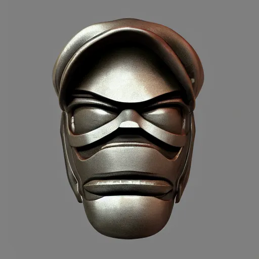 Image similar to MF DOOM mask, highly detailed photo realistic render, shadows, sculpture