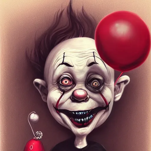 Image similar to surrealism grunge cartoon portrait sketch of a cold hand with a wide smile and a red balloon by - michael karcz, loony toons style, pennywise style, chucky style, horror theme, detailed, elegant, intricate