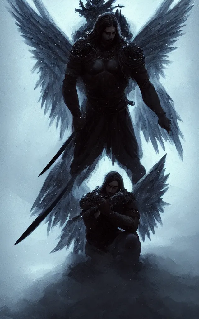 Image similar to dark blizzard art, portrait of fallen man angel kneeling with a sword and wings, bokeh. dark art masterpiece artstation. 8k, sharp high quality illustration in style of Jose Daniel Cabrera Pena and Leonid Kozienko, concept art by Tooth Wu