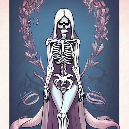 Image similar to a beautiful feminine necromancer raising the dead, illustration, skeleton, character design by nixeu, artstation, 2 d cg