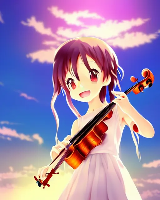 Prompt: anime style, chibi, full body, a cute girl with white skin and golden long wavy hair holding a violin and playing a song, heavenly, stunning, realistic light and shadow effects, modern art, realism, centered, landscape shot, happy, simple background, studio ghibly makoto shinkai yuji yamaguchi