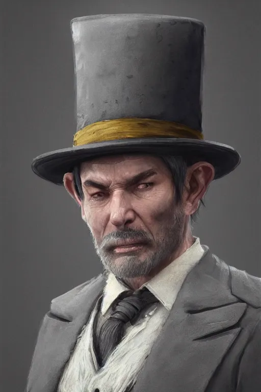 Prompt: A fancy portrait of a grey hair old halfling with stubble top hat and suit by Greg Rutkowski, Sung Choi, Mitchell Mohrhauser, Maciej Kuciara, Johnson Ting, Maxim Verehin, Peter Konig, Bloodborne, 8k photorealistic, cinematic lighting, HD, high details, dramatic, dark atmosphere, trending on artstation