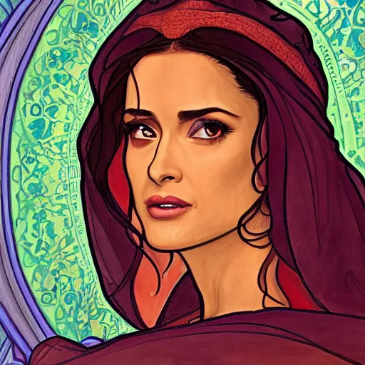 Image similar to salma hayek as esmerelda from the hunchback of notre dame, portrait, mucha style