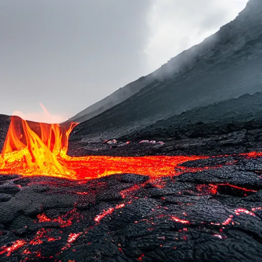 Image similar to elderly man swimming in a lava flow, smiling, happy, volcano, hot, eruption, magma, lava, canon eos r 3, f / 1. 4, iso 2 0 0, 1 / 1 6 0 s, 8 k, raw, unedited, symmetrical balance, wide angle