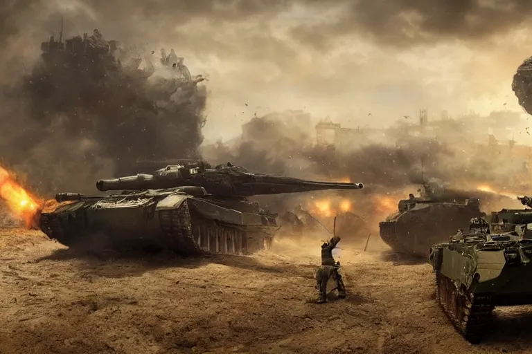 Image similar to a tank fights a monster twice its size, Highly detailed, Cinematic. Balanced. 4k, Realistic, detailed.