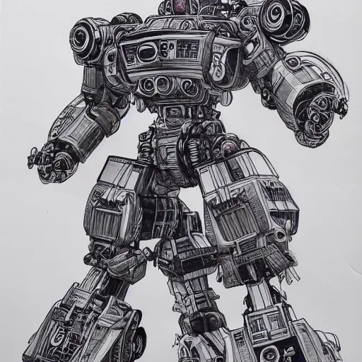 Prompt: an intricate ballpoint drawing of a giant anime robot with rounded and cicular parts