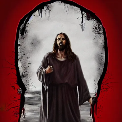 Image similar to Jesus as a horror movie slasher villain, award winning horror cinematic movie poster