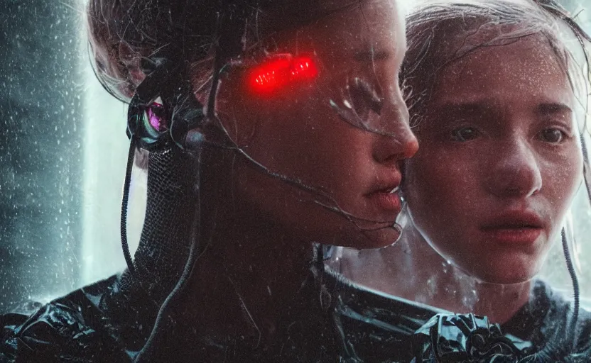 Image similar to cinestill 5 0 d candid photographic portrait by steven spielberg of two loving female androids sobbing wearing rugged black mesh techwear in treacherous waters, flooded city, medium closeup, retrofuturism cyberpunk moody emotional cinematic, pouring iridescent rain bright spotlight helicopter, 8 k, hd, high resolution, 3 5 mm, f / 3 2, ultra realistic faces, ex machina