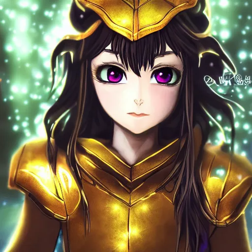 Image similar to focus face portrait of beautiful darkness knight 3D anime girl, golden armor wearing, dark forest background, snowing, bokeh, inspired by Masami Kurumada, digital painting, high contrast, unreal engine render, volumetric lighting, high détail