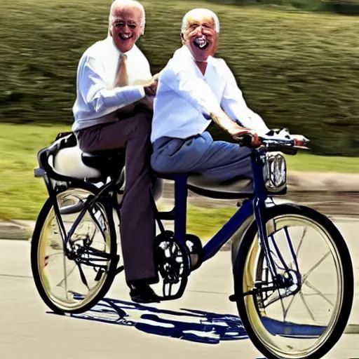 Prompt: joe biden and gandhi drunkenly riding two seater bike together, laughing and joking, photorealistic, detailed