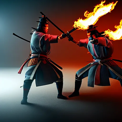 Image similar to Two samurais with flaming swords fighting, 8k, concept art, elegant, cinematic lighting,