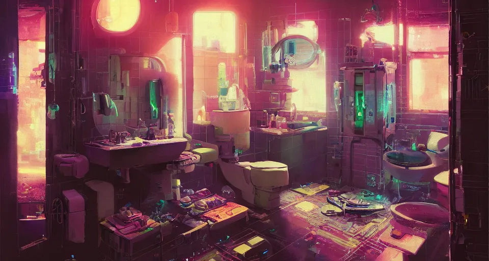 Image similar to IKEA catalogue photo of a cyberpunk bathroom, by Paul Lehr, 8k, HD, realistic, cinematic, artstation, details