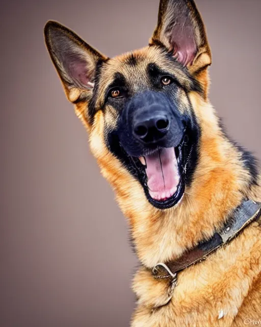 Prompt: An extremely beautiful studio photo of a German Shepherd dog in the style of the Girl With a Pearl Earring, bokeh, 90mm, f/1.4