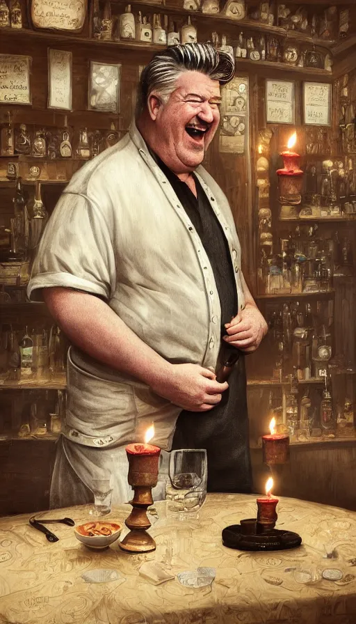 Image similar to david lynch as fat drunk tavern owner, apron, laughing, candles, fame of thrones, warhammer, fibonacci, sweat drops, intricate fashion clothing, insane, intricate, highly detailed, surrealistic, digital painting, artstation, concept art, smooth, sharp focus, illustration, unreal engine 5, 8 k, art by artgerm and greg rutkowski and alphonse mucha