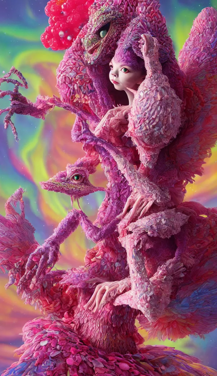 Image similar to hyper detailed 3d render like a Oil painting - kawaii portrait of one Aurora (a beautiful skeksis muppet fae queen from dark crystal that looks like Anya Taylor-Joy) seen red carpet photoshoot in UVIVF posing in scaly dress to Eat of the Strangling network of yellowcake aerochrome and milky Fruit and His delicate Hands hold of gossamer polyp blossoms bring iridescent fungal flowers whose spores black the foolish stars by Jacek Yerka, Ilya Kuvshinov, Mariusz Lewandowski, Houdini algorithmic generative render, Abstract brush strokes, Masterpiece, Edward Hopper and James Gilleard, Zdzislaw Beksinski, Mark Ryden, Wolfgang Lettl, hints of Yayoi Kasuma and Dr. Seuss, octane render, 8k