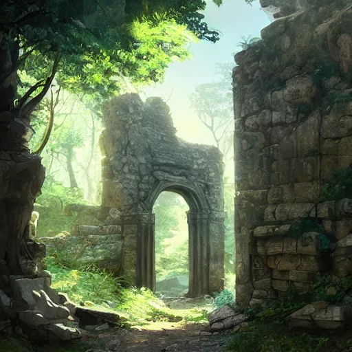 Image similar to concept art painting of an ornate ancient stone archway, in the woods, realistic, detailed, cel shaded, in the style of makoto shinkai and greg rutkowski and james gurney