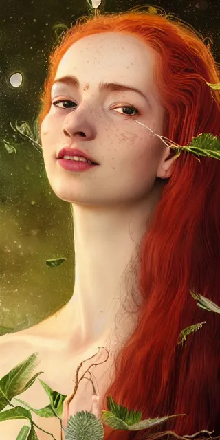 Image similar to young woman, smiling amazed, firefly lights, full covering intricate detailed dress, amidst nature, long red hair, precise linework, accurate green eyes, small nose with freckles, beautiful oval shape face, empathic, expressive emotions, dramatic lights, hyper realistic ultrafine art by artemisia gentileschi, jessica rossier, boris vallejo