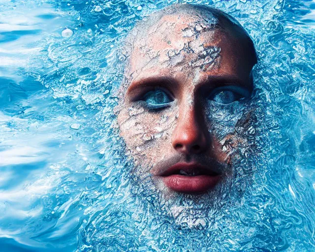 Image similar to water art manipulation of a surreal human head with open eyes burried in the ocean, shot from the top, hyper realistic, ray tracing, realistic water, sharp focus, 8 k resolution, cinematic