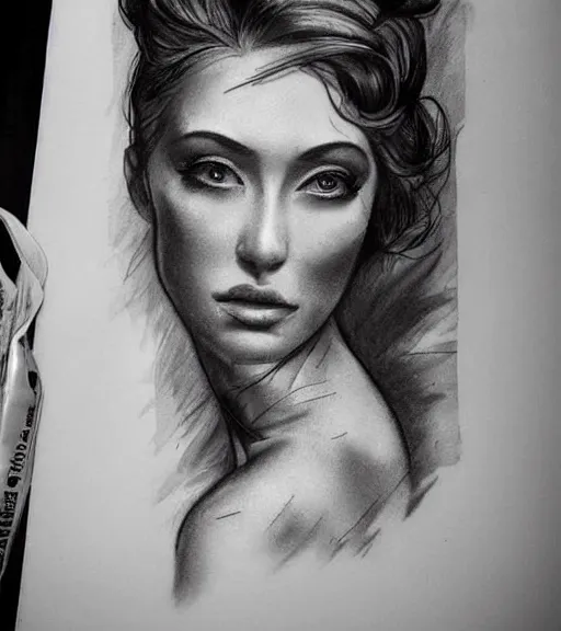 Image similar to tattoo design sketch of a beautiful woman face with a faded background of beautiful mountains and nature on her side, hyper - realistic, in the style of den yakovlev, amazing detail, black and white