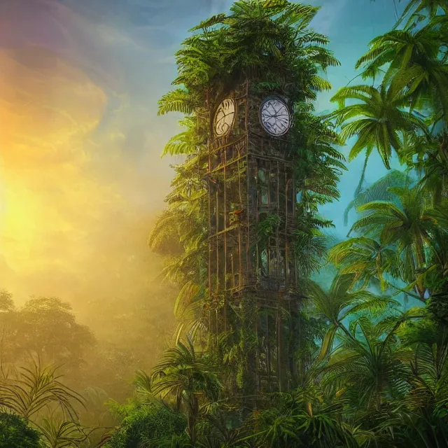 Prompt: a tall clock tower in a jungle!, mist, tropical trees, vines, birds, sunset!, fluffy clouds, warm colors, beautiful lighting, digital art, intricate details, trending on artstation