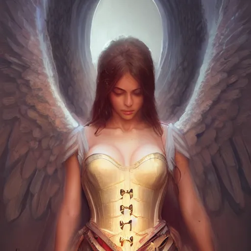 Image similar to the corset of angels. detailed digital art by greg rutkowski, keith parkinson, marc simonetti, artstation, deviantart, 8k, hd