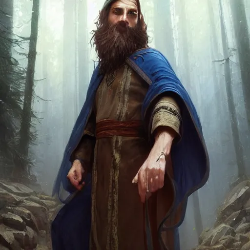 Image similar to A middle aged elf, brown hair and a raised hand, long beard, blue robes with runic symbols, detailed face, highly detailed, cinematic lighting, digital art painting by greg rutkowski.