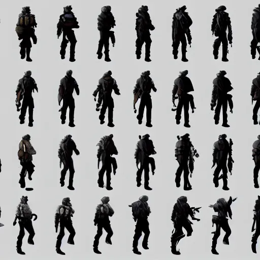 Image similar to One image consisting of ten images of width 80 and height 250 of a game character walking from left to right, the images has to be in sequence for animation, game art, hd, realism