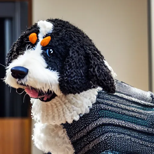 Image similar to a closeup photorealistic photograph of a cute smiling knitted bernedoodle judge dog dressed in a black gown, presiding over the courthouse. indoors, professional capture, well lit shot. this 4 k hd image is trending on artstation, featured on behance, well - rendered, extra crisp, features intricate detail, epic composition and the style of unreal engine.