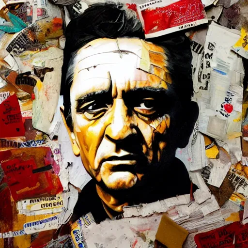 Prompt: hyperrealistic, photorealistic, mixed media oil painting of johnny cash, magazine scraps, plaster, blood, oil, mustard, cigarettes, splatter, trending on artstation, award - winning painting, greg rutkowski, basquiat, ralph steadman, terry gilliam