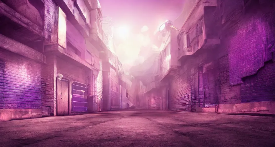 Image similar to Sci-fi wallpaper of an alley in a desert city, close-up view, purple color-theme, cinematic, science-fiction art wallpaper, stunning digital art