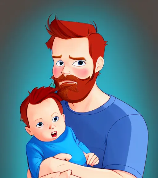 Image similar to a father with short red hair, a short red beard and blue eyes and a chubby face hold his infant son with short brown hair full color digital illustration in the style of don bluth, artgerm, artstation trending, 4 k