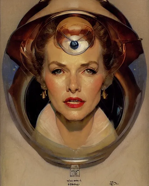 Image similar to head portrait of elegant striking mature space woman, empress, by norman rockwell, roberto ferri, daniel gerhartz, edd cartier, jack kirby, howard v brown, ruan jia, tom lovell, frank r paul, dean cornwell, astounding stories, amazing, fantasy, other worlds