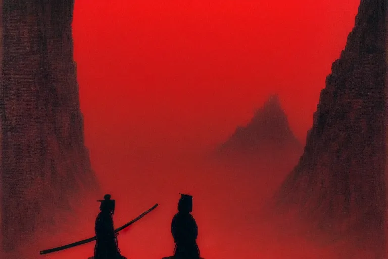 Image similar to only with red, a red samurai harakiri, tokio, a lot of frogs watch, in the style of beksinski, parts by edward hopper, parts by rodcenko, parts by yue minjun, intricate and epic composition, red by caravaggio, insanely quality, highly detailed, masterpiece, red light, artstation, 4 k