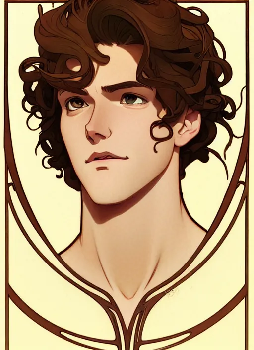 Prompt: art nouveau portrait of a young man with curly light brown hair, brown eyes, serious facial expression, casual clothes, natural lighting, path traced, highly detailed, high quality, cartoon, digital painting, by don bluth and ross tran and studio ghibli and alphonse mucha