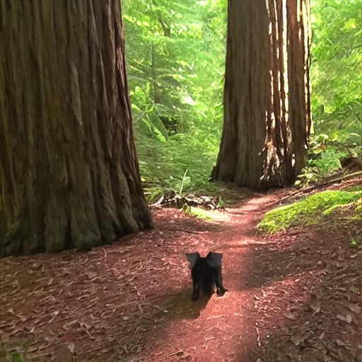 Image similar to trail cam footage of a demonic creature in a redwood forest