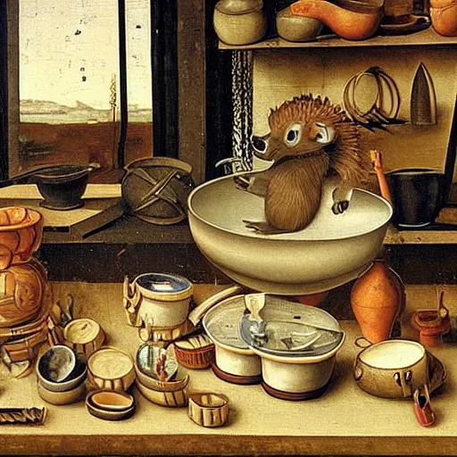 Prompt: painting of a hedgehog struggling to make a cup on a table in a ceramic workshop, surrounded by ceramicists tools and unfinished bowls, oil painting, northern renaissance art, oil on canvas, wet - on - wet technique, realistic, intricate textures, illusionistic detail