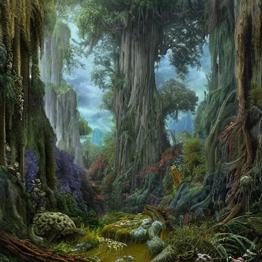 Image similar to a beautiful and highly detailed matte painting of a pergoda from a dream in a fantasy garden in a dark twisted forest deep in the mystical mountains, intricate details, epic scale, insanely complex, 8 k, sharp focus, hyperrealism, very realistic, by caspar friedrich, greg rutowski, james gurney