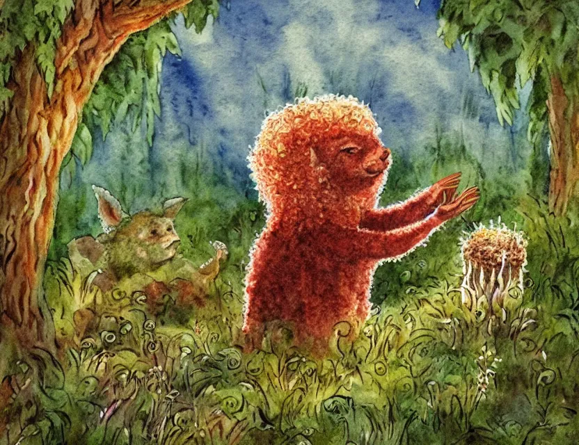 Image similar to feral chia pet in the wilderness. russian fairytale art, watercolor, backlighting