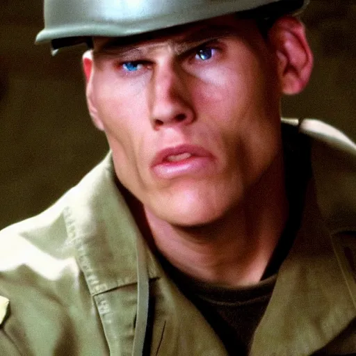 Image similar to Live Action Still of Jerma in Full Metal Jacket, real life, hyperrealistic, ultra realistic, realistic, highly detailed, epic, HD quality, 8k resolution, body and headshot, film still