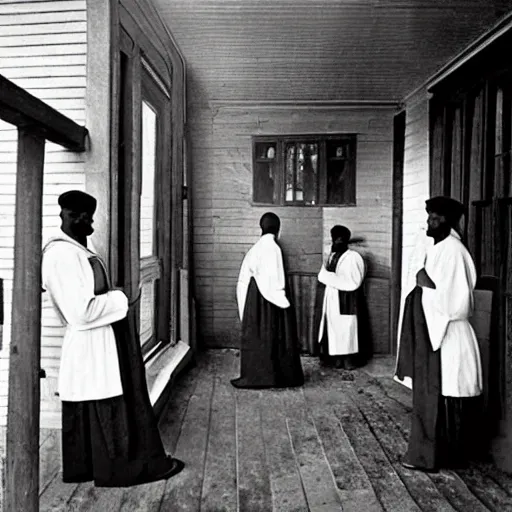 Prompt: worshippers dressed in robes belonging to the cult of porch. A porch. 1800s photo.