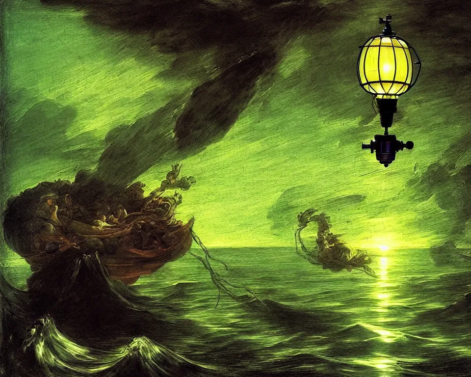 Image similar to a green pixar lamp on the bottom of the ocean by Raphael, Goya, and Tintoretto. detailed, trending on artstation.