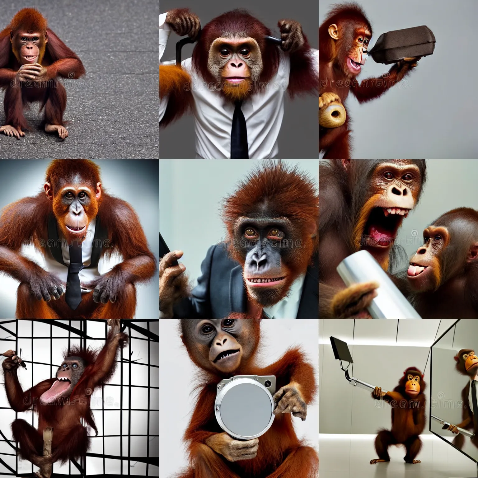 Prompt: angry screaming business monkey in a business suit orangutan, wearing a suit, holding a briefcase, standing in front of a mirror, yelling, mirror, angry at mirror, photograph 5 5 mm zeiss f / 4 award winning photograph stock photo, film still by denis villeneuve