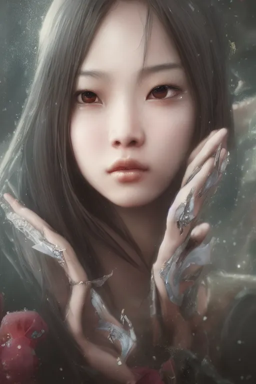 Image similar to portrait of a beautiful asian girl, anime looking type, 3 d render, hyper realistic detailed portrait, ruan jia, wlop, sha xi, fantasy, hyper detailed, octane render, concept art, ornaments, artstation, marie - gabrielle capet style