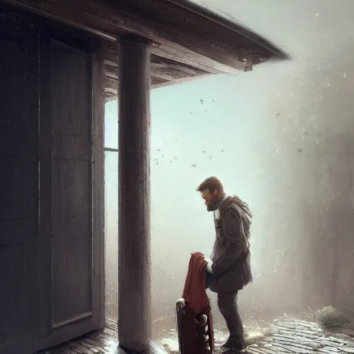 Image similar to a guy is leaving is home with luggage and sad angry mood, his wife is kissing another man under the porch of the house, highly detailed,, artstation hd, deviantart, by madgwick,, greg rutkowski, artgerm